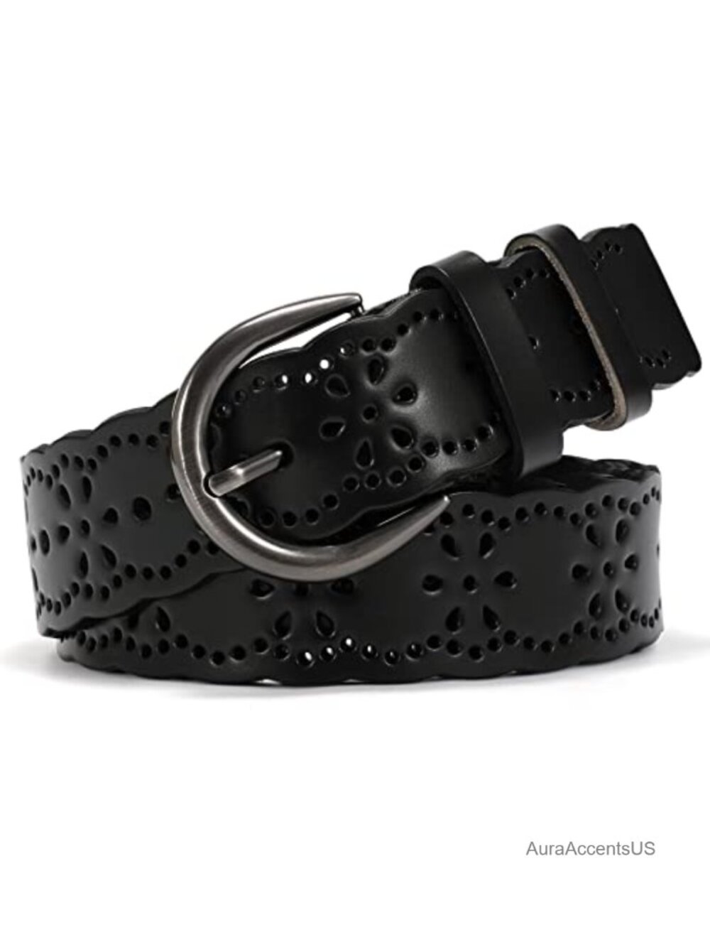 Plus Size Leather Belt with Hollow Flower Design and Solid Pin Buckle for Jeans
